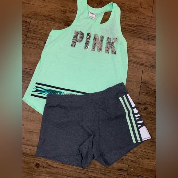 PINK VS TROPICAL BLING TANK / SHORTS OUTFIT SET XS/M - Picture 3 of 6